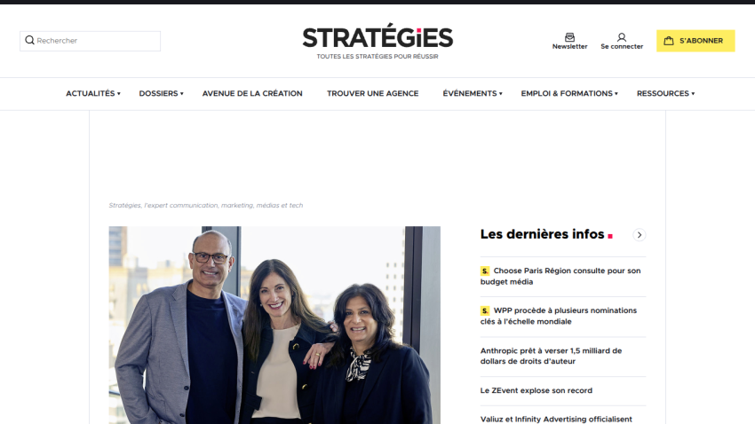 Homepage of Stratégies featuring three individuals and latest news section.