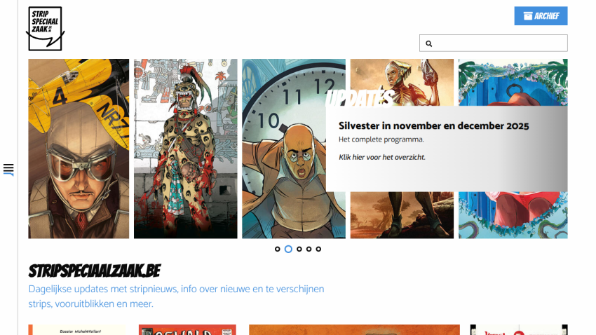 Homepage of stripspeciaalzaak.be featuring comic art updates and daily news about new and upcoming comics.