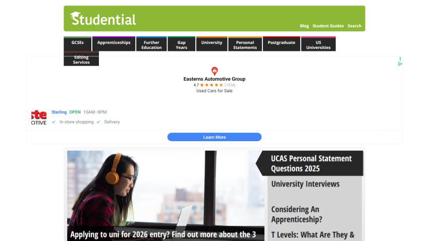 Studential website header and navigation with a hero section featuring a student using a laptop and links to university and apprenticeship guidance