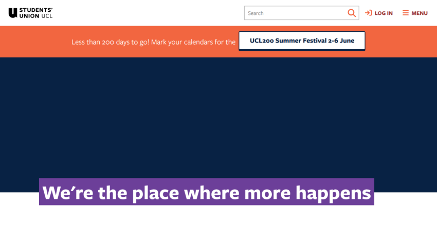 Students' Union UCL homepage with announcement for UCL200 Summer Festival and headline 'We're the place where more happens'