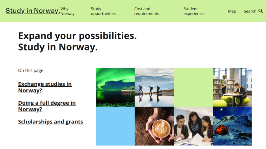 Study in Norway website with navigation and sections on exchange studies, full degrees, scholarships, and images of nature and students
