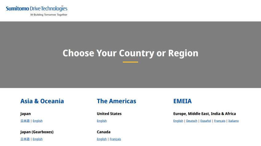 Sumitomo Drive Technologies country or region selection page with options for Asia & Oceania, The Americas, and EMEIA regions
