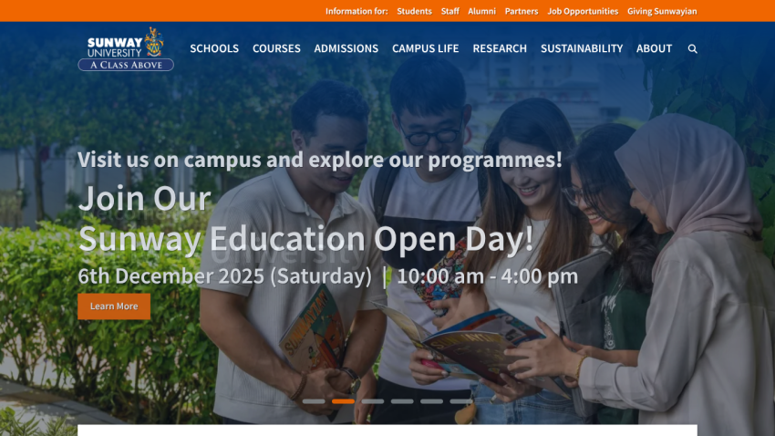 Sunway University homepage promoting Education Open Day on 6th December 2025 with navigation menu and group of students reading brochures