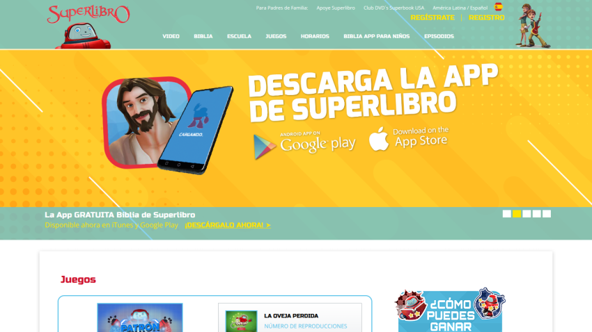 Superlibro website promoting free Bible app download with navigation menu and app store links