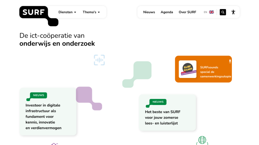 Homepage of SURF, showcasing ICT cooperation for education and research with key messages.