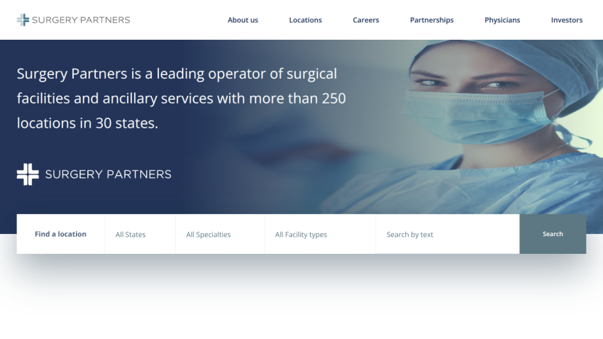Surgery Partners homepage with navigation links and a search bar to find surgical facility locations across 30 states