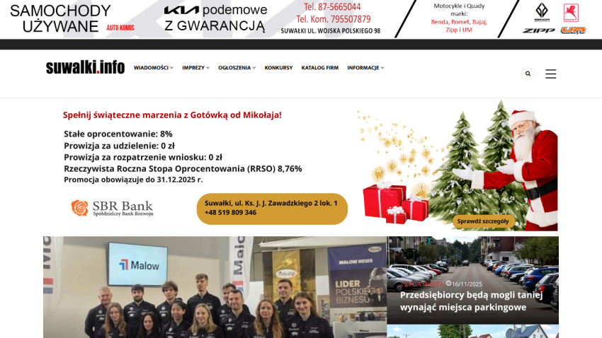 Suwalki.info homepage with news navigation, real estate investment ad for ul. Sportowa, and local news headlines.