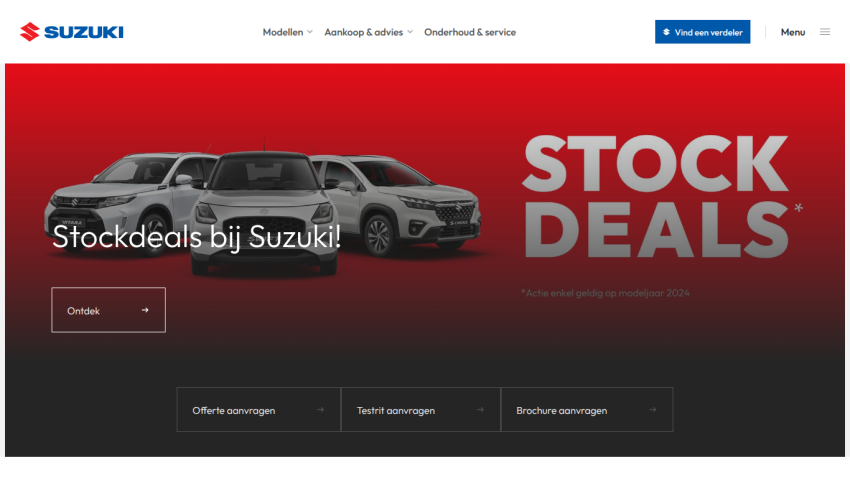 Suzuki website showing stock deals with three cars and options to request quotes, test drives, and brochures