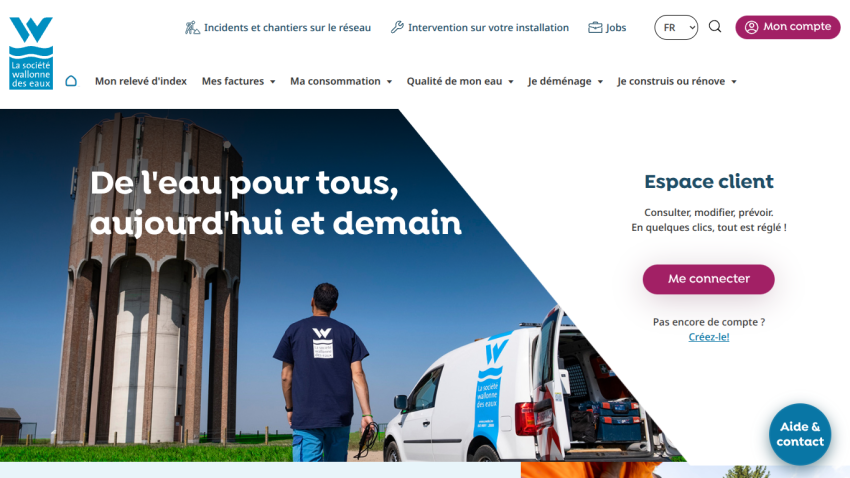 Water utility homepage with slogan, worker near water tower and service van, client login prompt