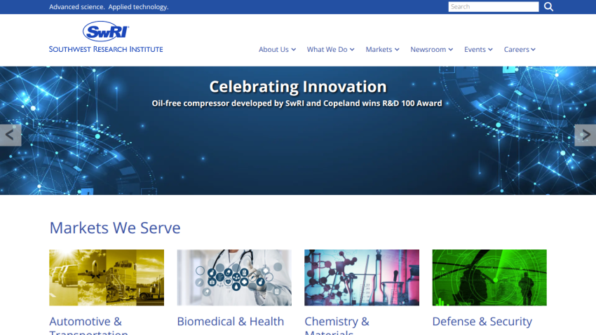 SwRI homepage featuring 'Celebrating Innovation' and market categories: Automotive, Biomedical & Health, Chemistry & Materials, Defense & Security.