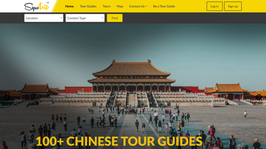 Homepage featuring two pandas with the text '100+ CHINESE TOUR GUIDES' prominently displayed.