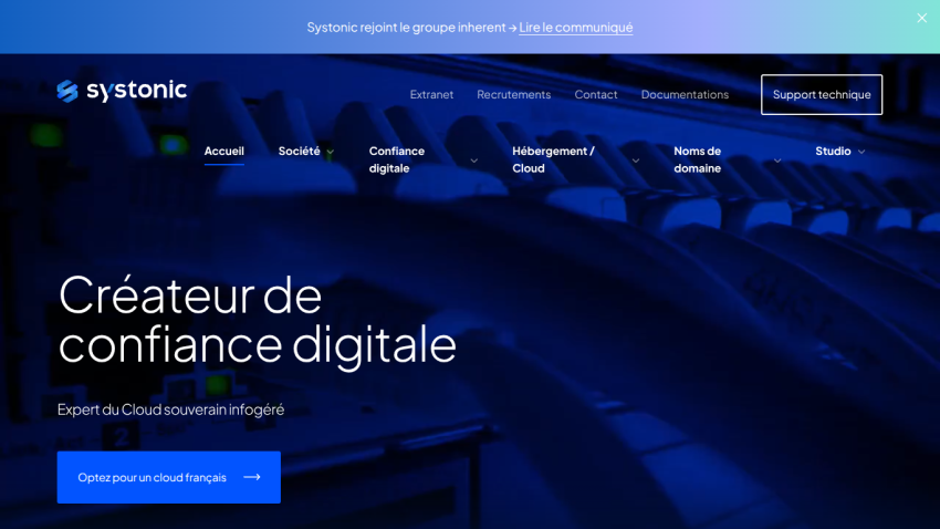 Systonic homepage with navigation and hero text about digital trust and sovereign cloud expertise