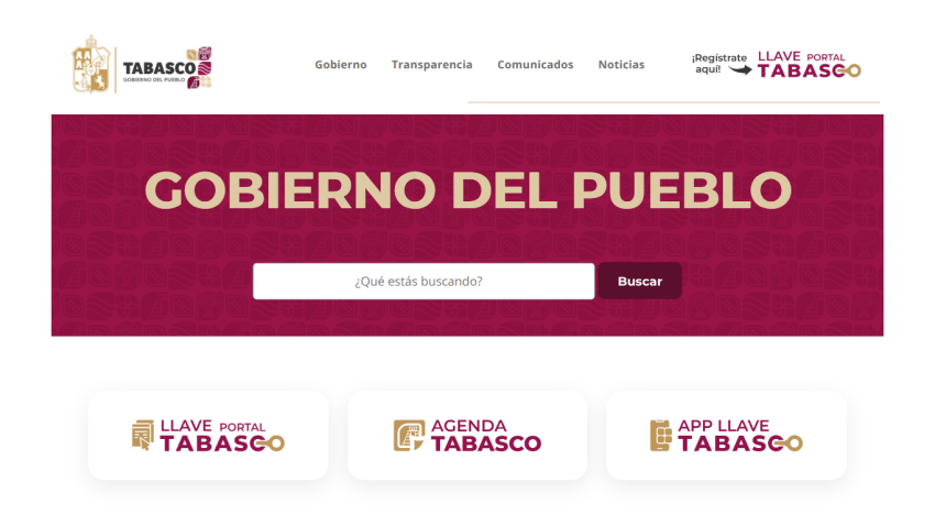 Homepage of Gobierno del Pueblo with search bar and navigation options.