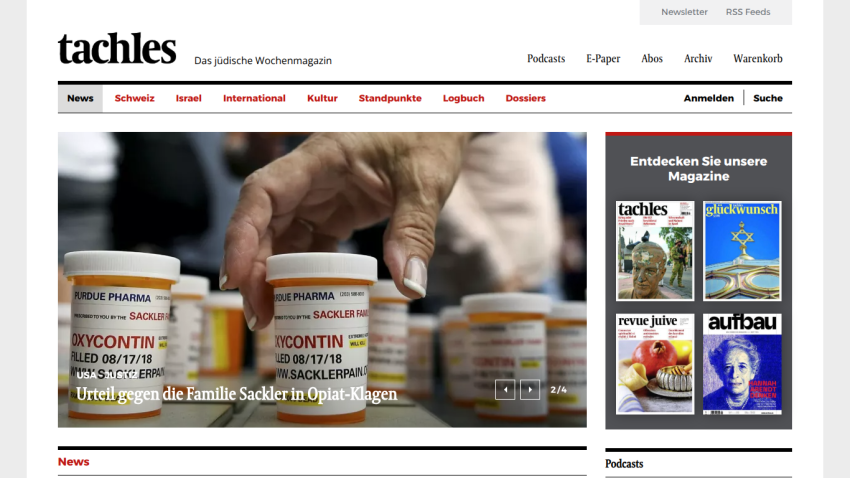 Tachles Jewish weekly magazine homepage with news navigation and hero story about Sackler family opioid lawsuits