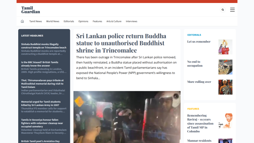 Tamil Guardian news homepage featuring Sri Lankan police returning Buddha statue to unauthorized shrine in Trincomalee and various editorial and feature articles