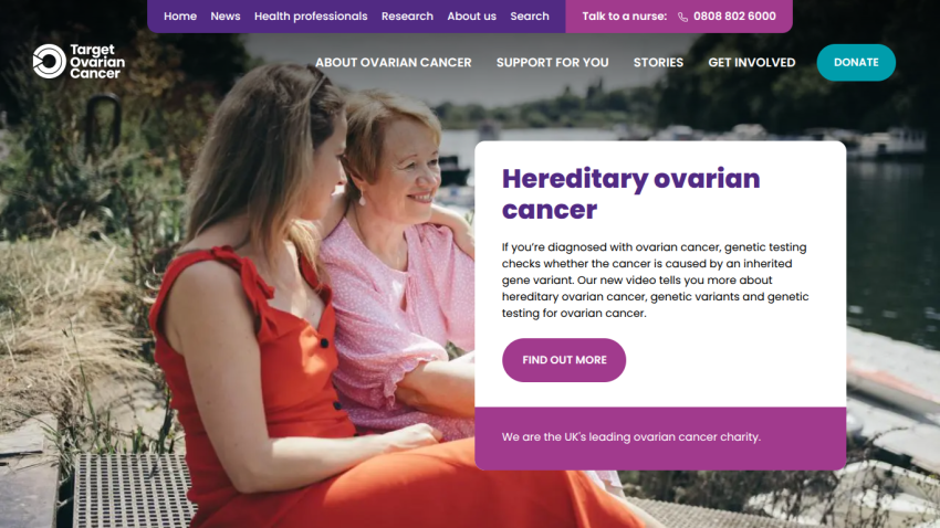 Target Ovarian Cancer homepage with navigation, contact info, and a section on hereditary ovarian cancer with a call to action