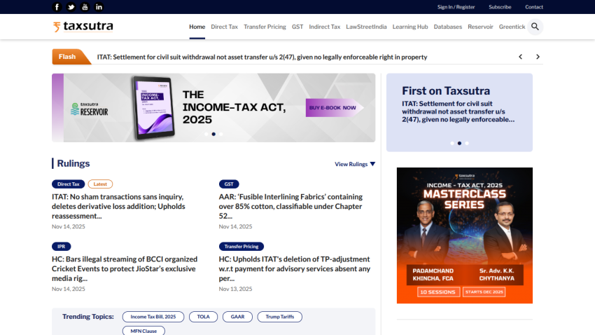 Taxsutra homepage featuring Income-Tax Act 2025 e-book promotion, latest rulings, and masterclass series ad