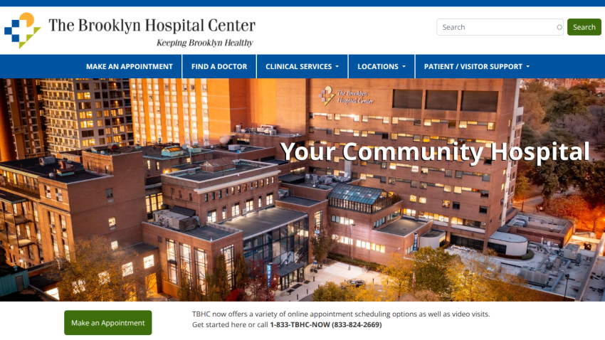 The Brooklyn Hospital Center homepage with navigation and a call to make an appointment, featuring a hospital building image and contact info.