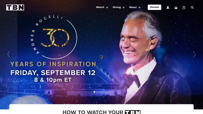 Celebrating 30 years of inspiration with Andrea Bocelli, event details displayed prominently.