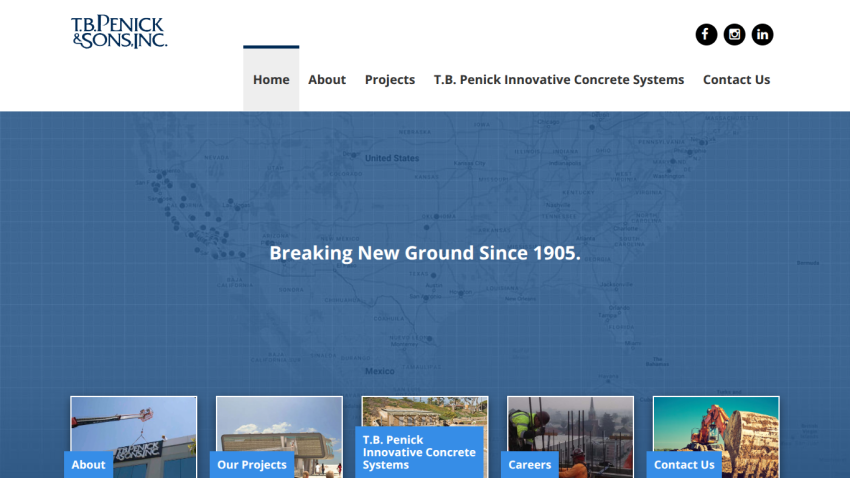 T.B. Penick & Sons, Inc. homepage with navigation and hero text 'Breaking New Ground Since 1905' over a map background