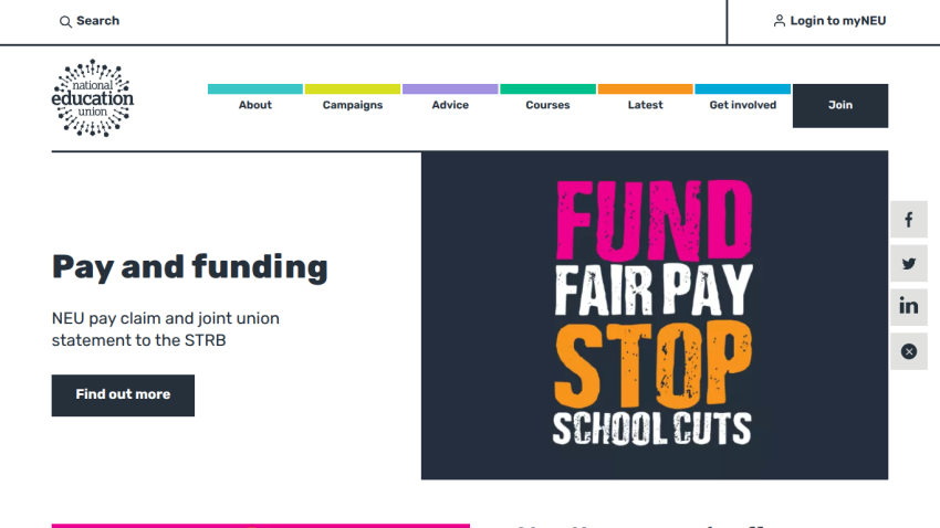 National Education Union site with pay and funding claim and call to stop school cuts
