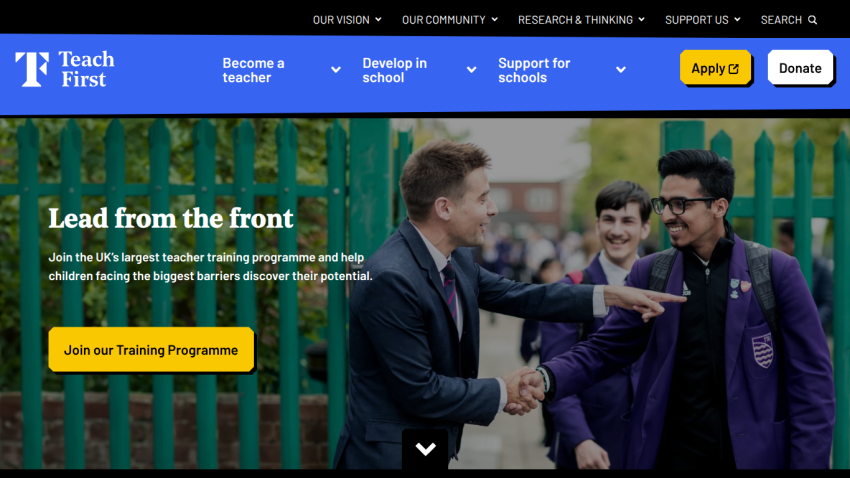 Teach First homepage with navigation and hero section promoting the Teaching Programme