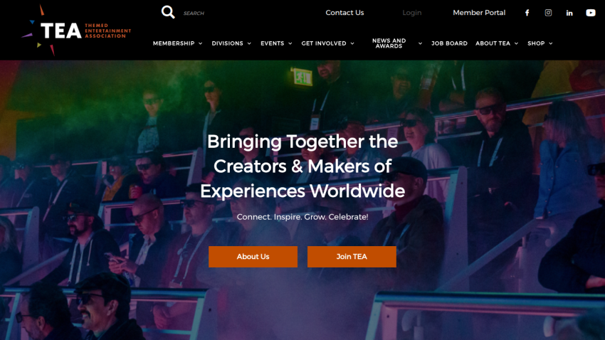 Themed Entertainment Association homepage with headline about creators and makers of experiences worldwide, plus About Us and Join TEA buttons.