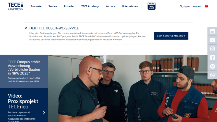 TECE website homepage featuring a video project with four people in discussion and navigation menu at top