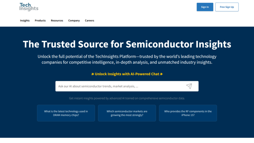 Homepage of Tech Insights featuring a search bar and key insights on semiconductor technology.
