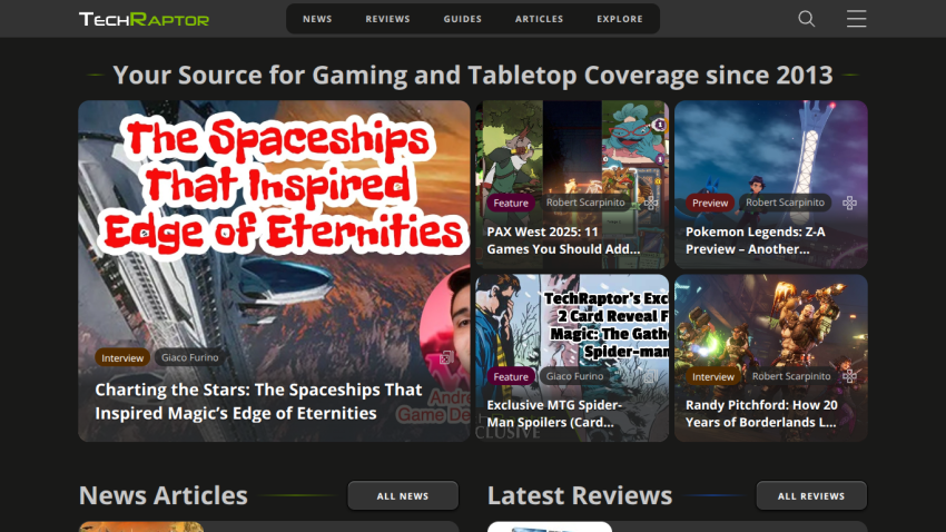 Homepage featuring gaming news and reviews with highlighted articles.