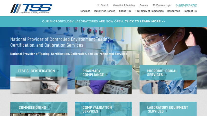 Technical Safety Services homepage featuring controlled environment testing, certification, and calibration services with navigation and contact info
