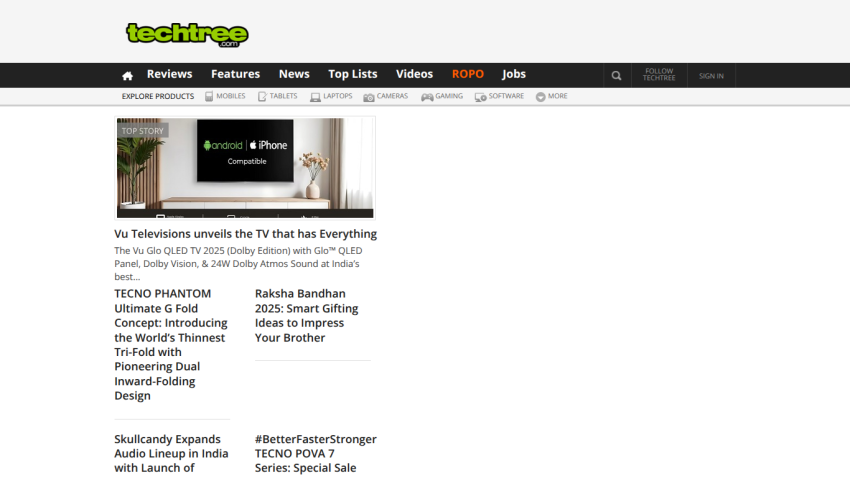 Tech news homepage featuring Vu Televisions top story and various tech articles with navigation bar