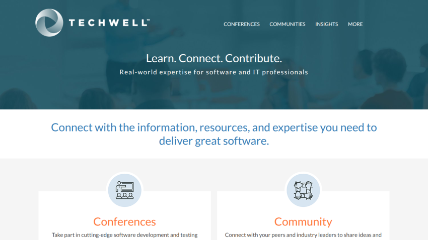 Techwell website header with navigation and hero text about expertise for software and IT professionals