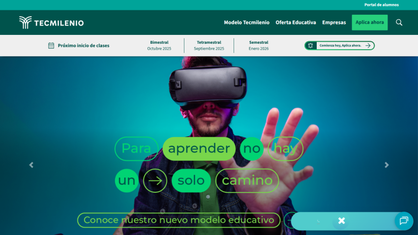 Website for TecMilenio featuring a VR user with educational text overlay.