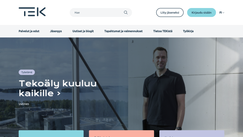 Homepage with navigation menu, search bar, login buttons, and hero section featuring a man and text about AI for everyone