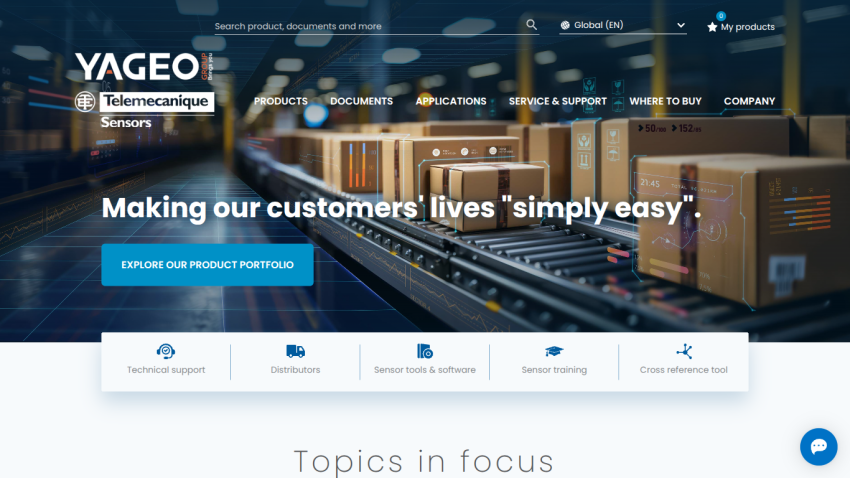 Yageo Group homepage with navigation, search, and a hero section promoting product portfolio with a conveyor belt image