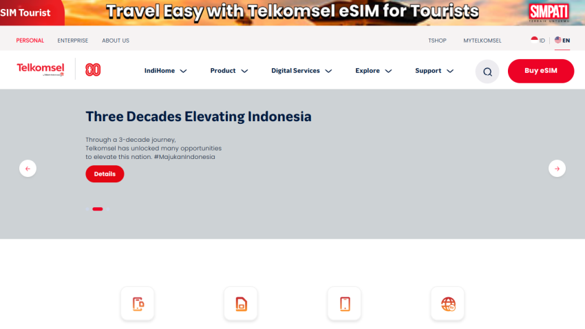 Telkomsel eSIM for tourists with a headline about elevating Indonesia.