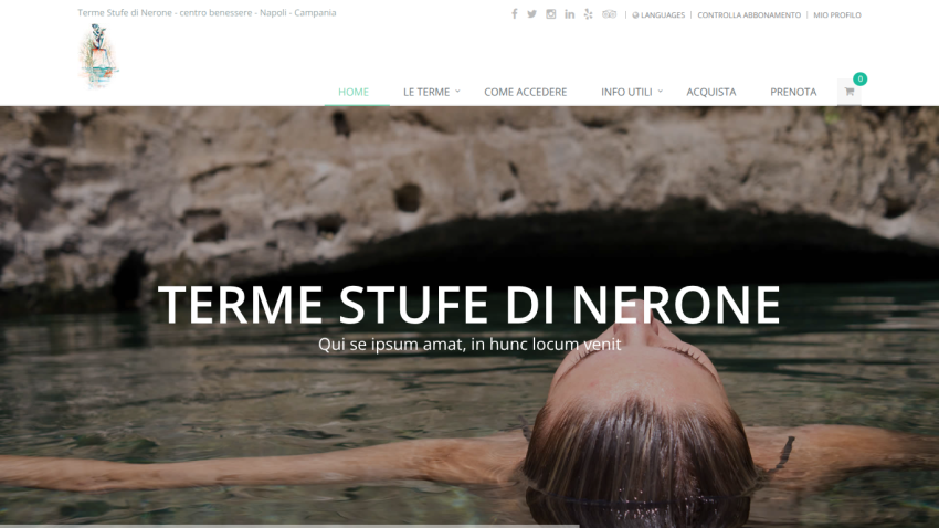 Wellness center Terme Stufe di Nerone homepage with a person relaxing in water under a stone arch