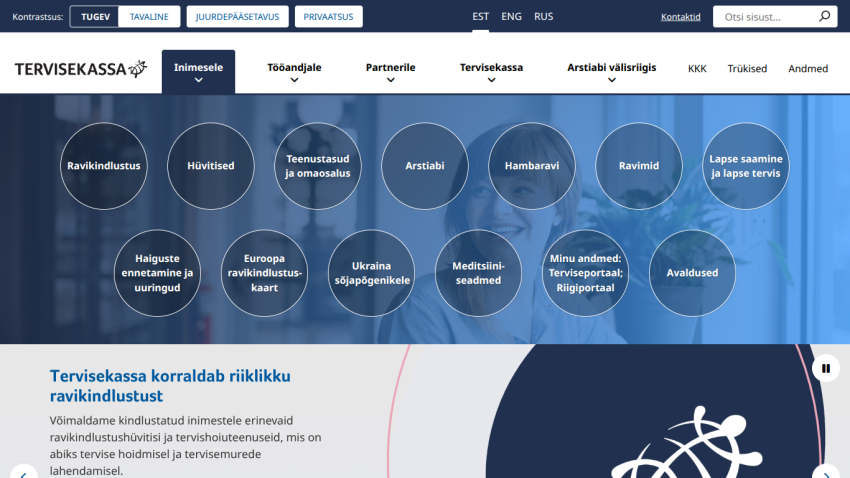 Tervisekassa homepage with navigation menu and information about state health insurance services