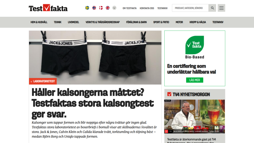 Testfakta's large boxer brief test results with image of two black Jack & Jones boxer briefs and certification info