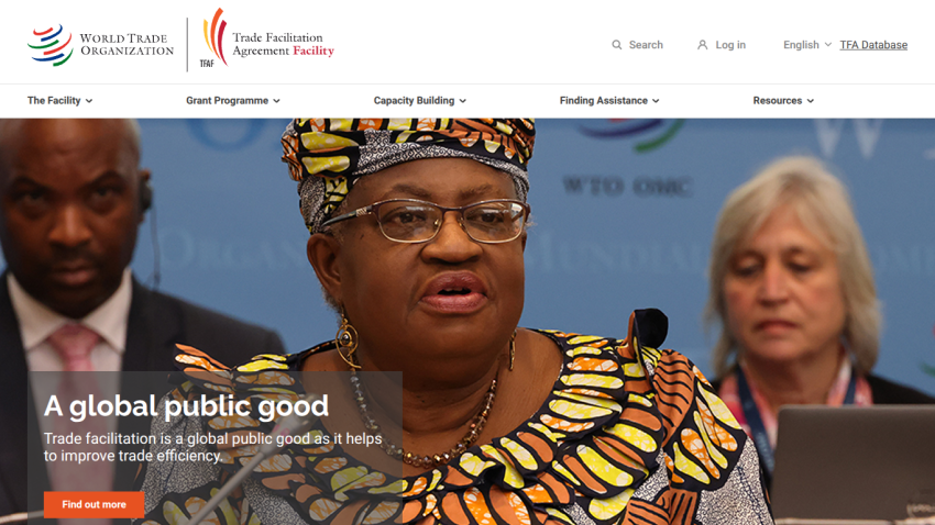 Homepage of the World Trade Organization featuring a prominent message about trade facilitation.