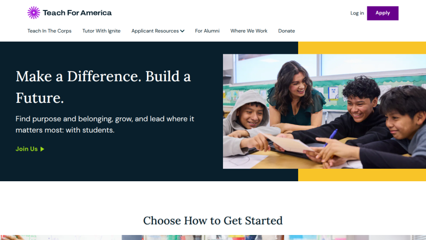 Teach For America homepage with headline 'Make a Difference. Build a Future.' and image of teacher with students