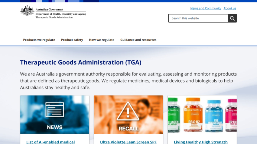 Homepage of the Therapeutic Goods Administration with news and product categories displayed.