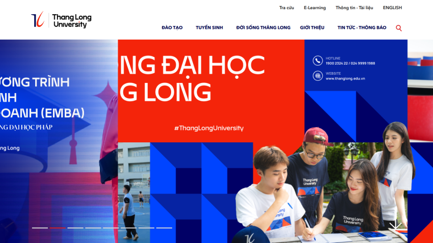Thang Long University homepage with navigation, contact info, and students studying outdoors