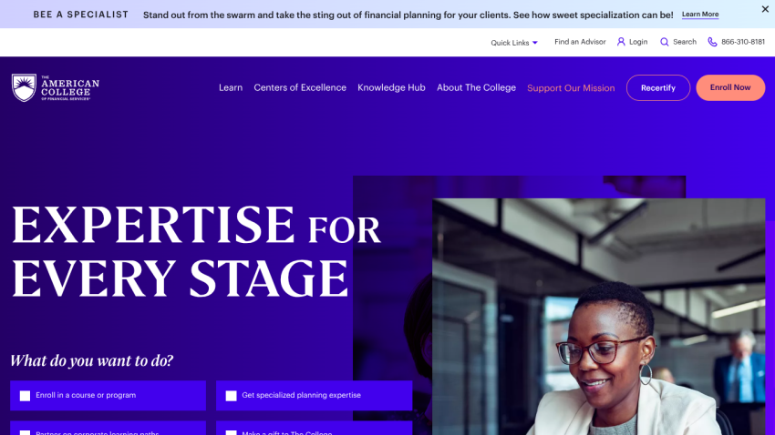 Homepage of a college featuring 'Expertise for Every Stage' and options for user engagement.