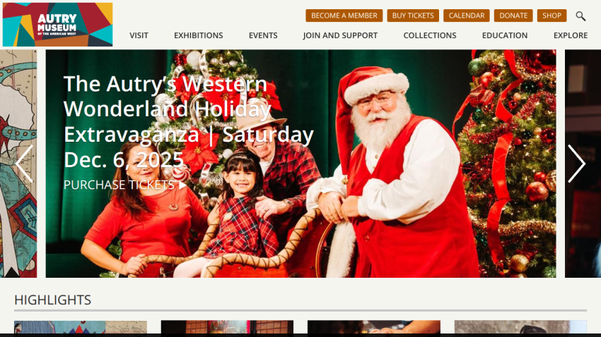 Autry Museum website header and hero promoting Western Wonderland Holiday Extravaganza event on Dec. 6, 2025 with ticket purchase link