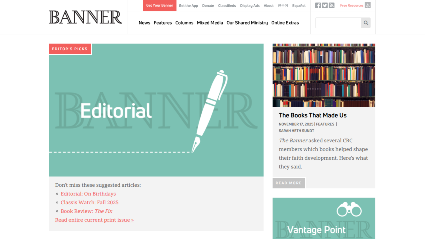 Banner website homepage with editorial picks, news categories, and featured articles on faith and books