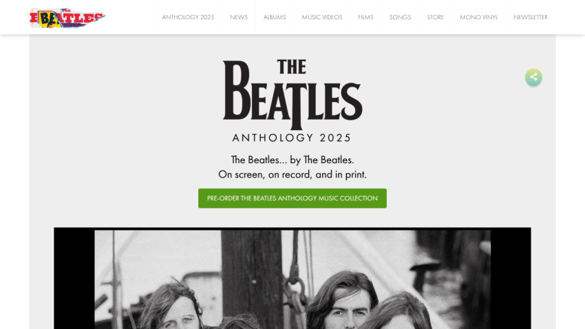 The Beatles Anthology 2023 website featuring a headline and call to action.