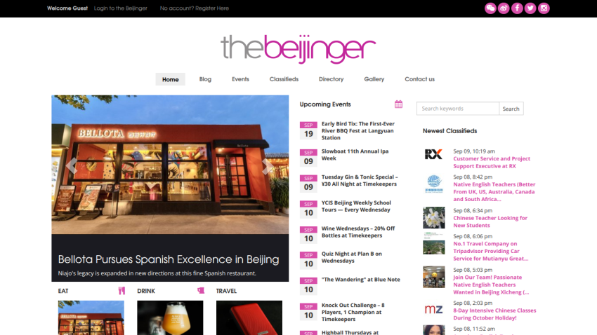 Homepage of The Beijinger featuring a restaurant highlight and upcoming events.