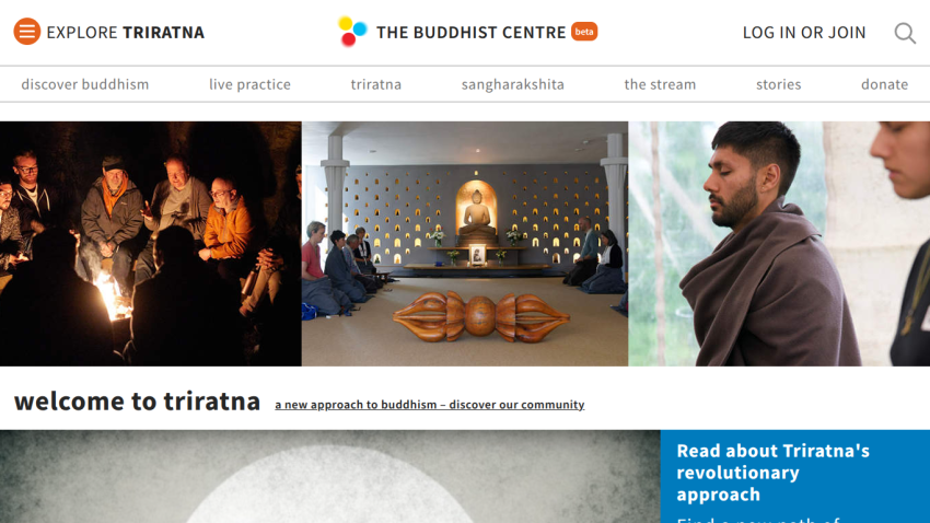 Website header and navigation for The Buddhist Centre with images of people, a Buddha statue, and a welcome message to Triratna community.